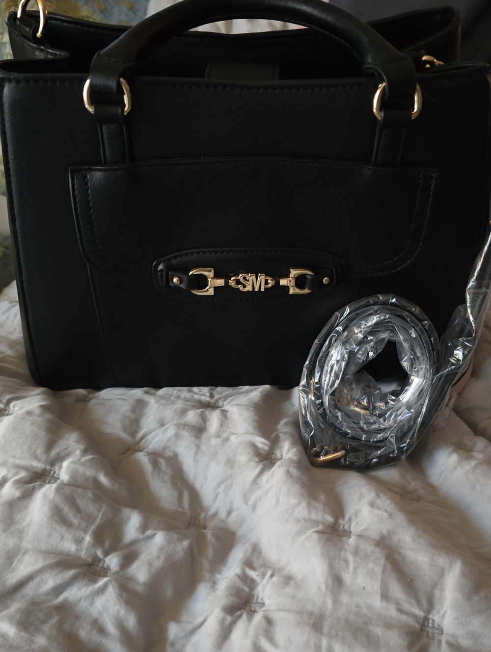 STEVE MADDEN Black Structured Top-Handle Satchel with Gold Hardware